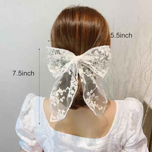 2PCS Large Lace Hair Bow Clips for Women Drape Bow Translucent Mesh Bow Barrette Hair Accessories for Girls Women (Black+White)