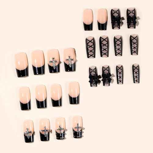 IMSOHOT Black French Press on Nails Long Square Fake Nails Acrylic Nude False Nails with Bow & Cross Design Full Cover Stick on Nails Glossy Glue on Manicure Kit for Women 24Pcs