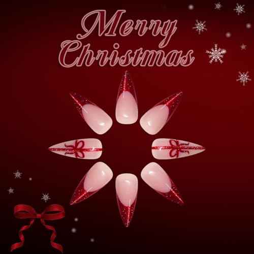 Christmas Nail press ons Red Fake Nails Long Stiletto False Nail with Bow Design Glitter Glue on Nails Artificial Acrylic Full Cover Stick on Nail for Women Girls Xmas Manicure 24Pcs