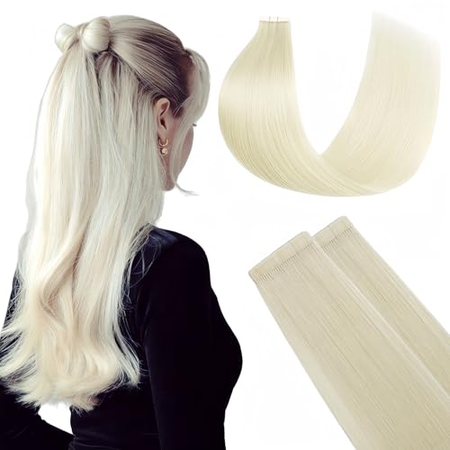 Tape in Hair Extensions Real Human Hair Double Stitched Invisible Seamless 20pcs 50g (Lightest Blonde, 24 inch)