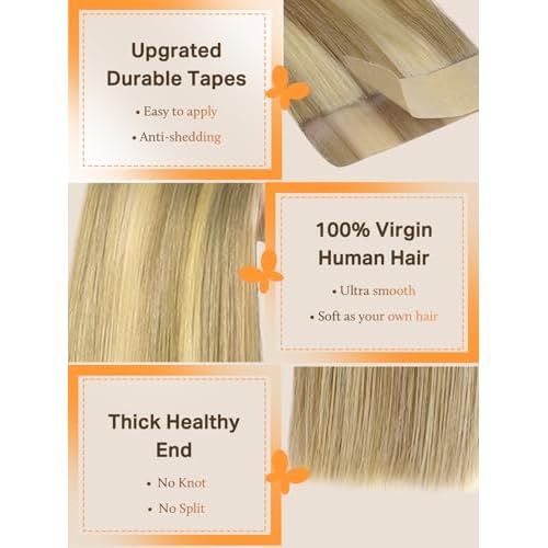 DOORES Human Hair Extensions Tape in Human Hair, Light Blonde Highlighted Golden Blonde 20 Inch 20pcs 50g, Tape in Hair Extensions Reamy Straight Hair