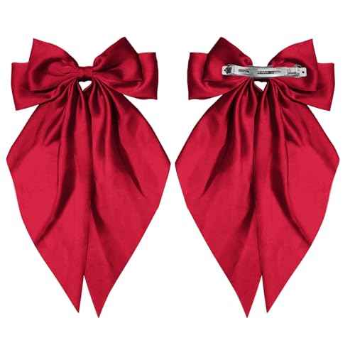 Hair Bows for Women Girls,Red Silky Satin Hair Barrettes with Long Ribbon Tail Big French Cute Hair Bows Clip Hair Accessories for Party Women Girl
