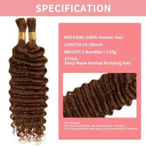 Chocolate Brown Human Braiding Hair 110g 24 Inch Deep Water Wave Bulk Human Hair for Braiding No Weft 12A Brazilian Human Hair Extensions for Boho Braids Wet and Wavy Natural