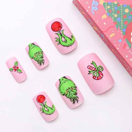 Christmas Press on Nails Short Square Fake Nails Pink Stick on Nails Winter False Nails with Fun Cartoon Green Haired Monster Designs Xmas Candy Cane Press on Nails for Women Girls Holiday Manicure