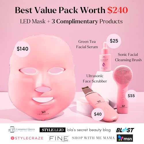 LED Face Mask Light Therapy Premium Spa Kit (4 Pcs) - With Ultrasonic Scrubber, Ultrasonic Brush & Green Tea Serum - 7 Colors (Blue & Red) Light Therapy Mask -Spa Light Therapy Facial For Rejuvenation