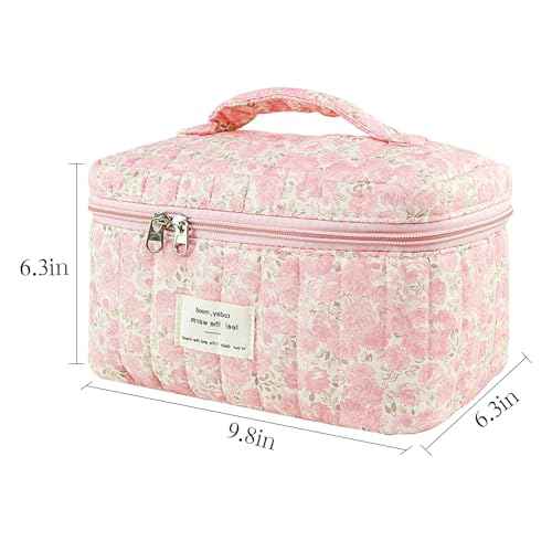 Makeup Bag, Floral Quilted Cosmetic Bag, Large Travel Aesthetic Make up Bag, Cute Coquette Toiletry Bag for Women Girls