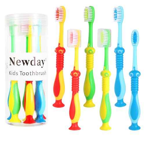 Newday Kids toothbrushes 6 Pack Soft Bristles Fun Lovely with Suction Cup, Includes Travel Covers, Animal toothbrushes for Kids Boys & Girls, Toddlers & Children's Teeth Age 3+, (Blue&Green&Red)