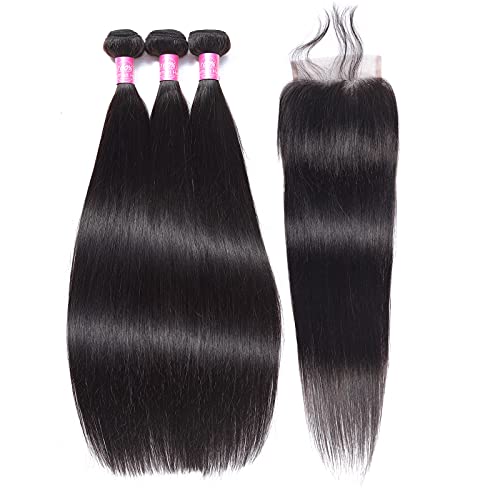 Peruvian Straight Human Hair Bundles with Closure(12" 14" 16"+10") Unprocessed Virgin Human Hair 3 Bundles with Closure 10A Straight Hair Weave Bundles with Lace Closure Natural Color