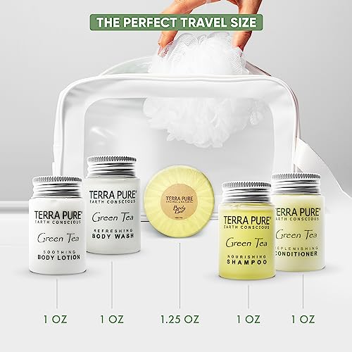 Terra Pure Hotel Soaps and Toiletries Bulk Set | 1-Shoppe All-In-Kit Amenities for Hotels | 1oz Hotel Shampoo & Conditioner, Body Wash, Body Lotion & 1.25oz Bar Soap Travel Size Toiletries | 75 Pieces
