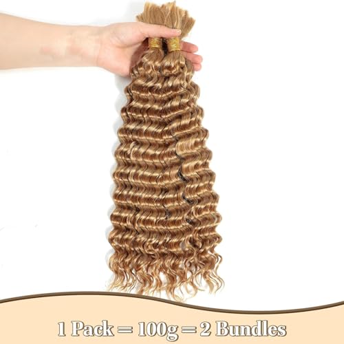 Deep Curly Braiding Human Hair 100g 20 Inch Color 27 Honey Blonde Deep Water Wave Bulk Human Hair for Braiding No Weft Brazilian Virgin Deep Curly Human Hair Extensions for Boho Braids