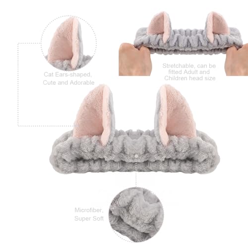 Cat Ears Headband, 3PCS Cute Spa Headbands and Wristband Set, Animal Ears Headbands for Washing Face Soft Elastic Skincare Headband Makeup Facial Hairband for Women Girls, Grey