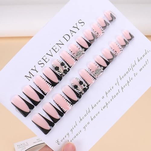 IMSOHOT Duck Press on Nails Black French Tips Fake Nails with Duckbill Designs Full Cover Rhinestone & Butterfly Acrylic False Nails Medium Y2K Duck Feet Shape Glossy Glue on Nails Manicure Nails Kit