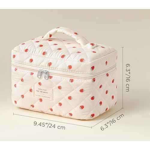 HBselect Quilted Makeup Bag, Portable Cotton Large Travel Makeup Bag, Cute Coquette Strawberries Floral Cosmetic Bags Toiletry Bags for Women Teen Girls Mom