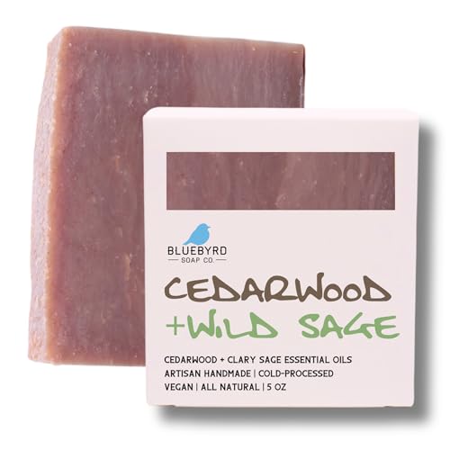 Bluebyrd Soap Co. Cedarwood + Wild Sage Bar Soap | 100% All Natural Essential Oil Soap Bar | USA Made Mens Organic Body Wash Bars | Vegan + Chemical Free (Cedarwood)