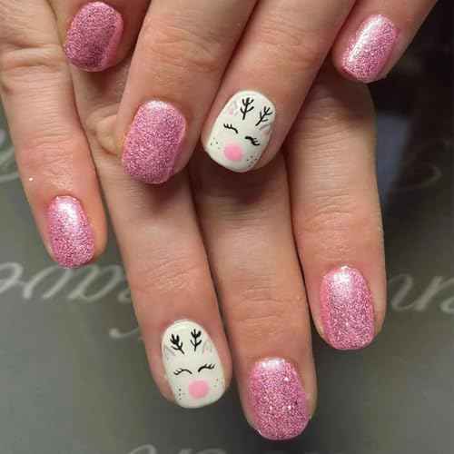Christmas Press on Nails Short Square - MINGCHUN Pink Glitter Fake Nails Winter Xmas Press on Nails Elk with Design Glossy Nails Christmas Glue on nails Christmas Acrylic Nails for Women 24 PCS