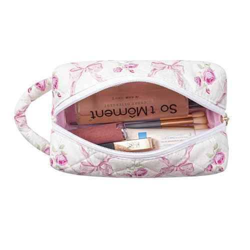 JOVAKIT Travel Makeup Bag Cosmetic Bag for Women, Fashion Christmas Gifts, Floral Flowers Coquette Toiletry Bag with Handle, Zipper Make Up Pouch Organizer Bag Trendy Stuff (Pink Bowknot)