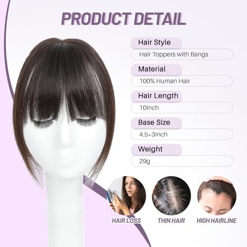Hair Toppers for Women Real Human Hair Toppers with Bangs 4.5 * 3 Inch Upgrade Swiss Lace Base Human Toppers for Women with Thinning for Cover Gray Hair Roots£¨Dark Brown£©