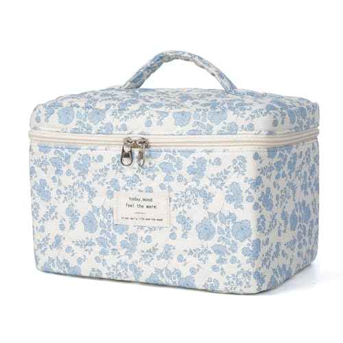 Makeup Bag,Quilted Cosmetic Bags,Large Floral Make Up Bags for Women, Makeup Organize,Flower Travel Toiletry Bag