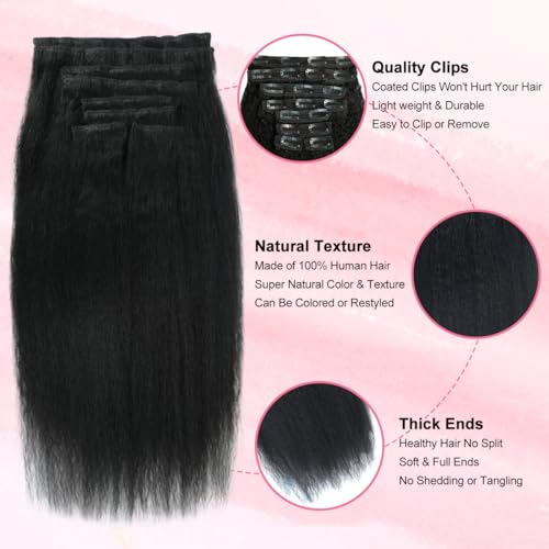 24 inch Kinky Straight Clip in Hair Extensions Real Human Hair Clip ins Yaki Full Head for Women Brazilian Human Hair Natural Black Color 8pcs 20 Clips 110g