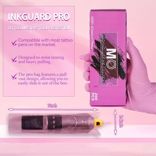 Tattoo Machine Covers 200pcs Tattoo Pen Covers 7 x 2.4inch Disposable Tattoo Pen Machine Bags Professional Tattoo Supplies and Accessories (PINK)