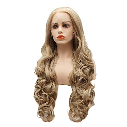 Hair Synthetic Lace Front Wig Wavy Long 26inch Blonde Auburn Mix Half Hand Tied Heavy Density Realistic Wig