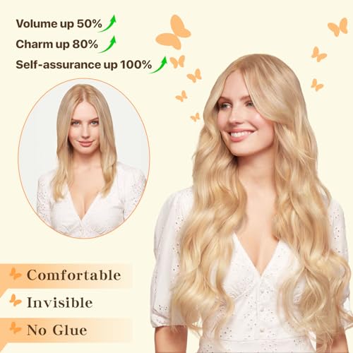 Halo Hair Extensions 14 Inch, 100% Real Human Hair, No Tangle & Smooth, Invisible Wire Extensions for Women, 60g, Wavy Curly #Wavy Medium Brown Mixed Dark Blonde