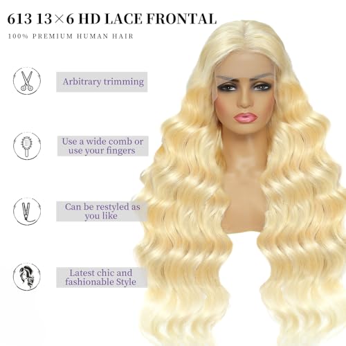 613 13x6 Lace Front Wig Human Hair 26 Inch Blonde Wig Human Hair 200% Density Body Wave Lace Front Wigs Pre Plucked 613 Lace Front Wig Blonde HD Lace Frontal Wig