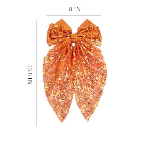 Sparkly Sequin Hair Bows for Women, Halloween Orange Hair Bows with Long Tail Large Hair Barrettes Hair Clips Bling Hair Accessories for Halloween Fall Christmas Holiday Birthday Party