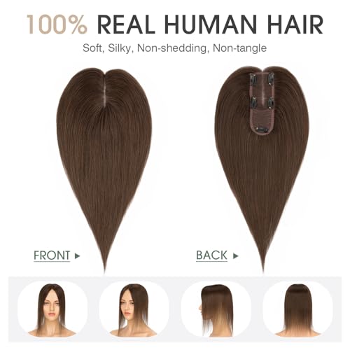 S-noilite Hair Toppers for Women Real Human Hair, Human Hair Toppers for Women,Hair Toppers for Thin Hair,100% Real Human Hair Toppers 2.25"*6" Lace Silk Base Hair Toppers 8 inch Dark Brown