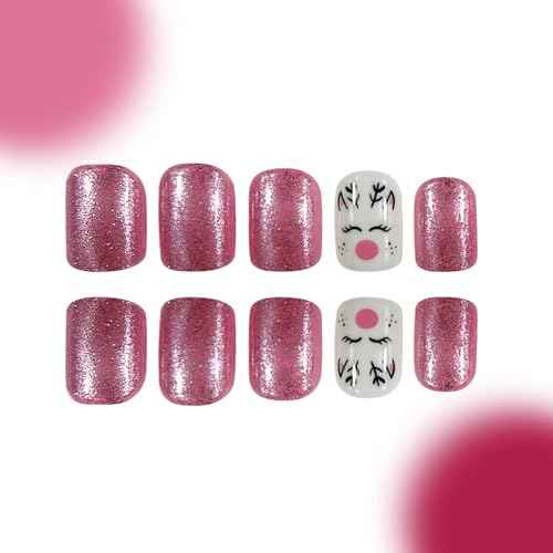 Christmas Press on Nails Short Square - MINGCHUN Pink Glitter Fake Nails Winter Xmas Press on Nails Elk with Design Glossy Nails Christmas Glue on nails Christmas Acrylic Nails for Women 24 PCS