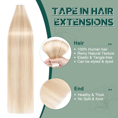 Benehair Remy Tape in Hair Extensions Human Hair Ash Blonde&Bleach Blonde Seamless Skin Weft Tape in Real Human Hair Extensions Straight Hair 20 Inch 50g #18P613 20 pcs