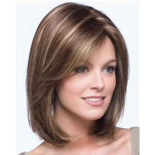 SEVENCOLORS Short Brown Mixed Blonde Bob Wigs for White Women Shoulder Length Synthetic Hair Wigs with Side Bangs Straight Blonde Highlights Women¡¯s Wig