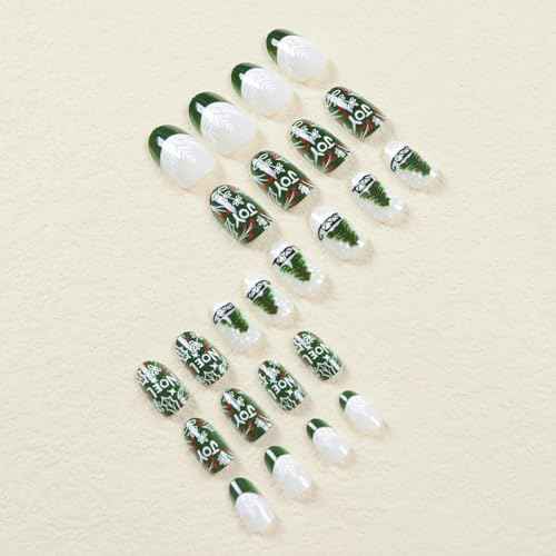 Christmas Green French Tip Press on Nails Short Almond Fake Nails with Snowflake Christmas Tree Sparkly Design Cute Stick on Nails Glue on Nails Glossy Acrylic Nails False Nails for Women 24Pcs