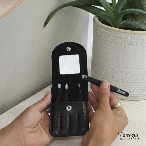 TWEEZIA Stainless Steel Tweezer Set - 4 Precision Tweezers with Mirror & Leather Case - Ideal Eyebrow Kit, Ingrown Hair Tweezers, Splinter Removal Kit or Pointed Tweezers for Beauty and Personal Care