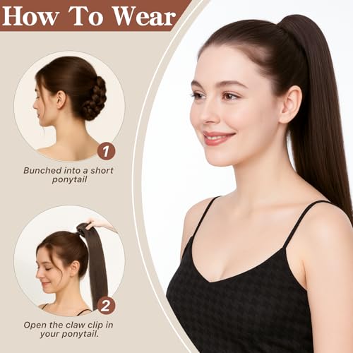 Claw Clip In Ponytail Extension, 100% Human Hair Ponytail Extension, No Tangle & Smooth, 105g, 16 Inch #Dark Brown