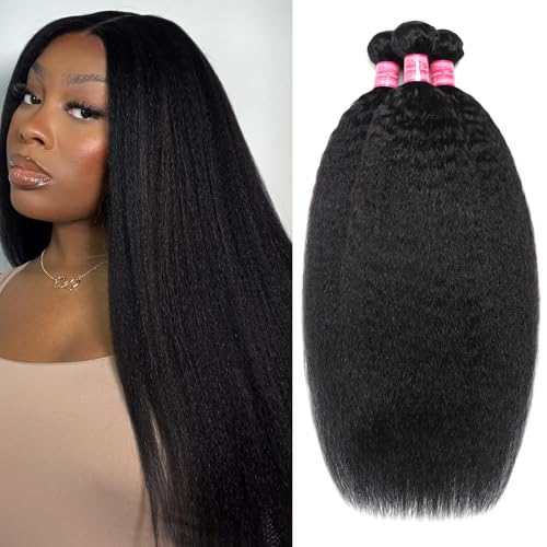 Kinky Straight Hair Bundles Yaki Straight 3 Bundles Human Hair 16 18 20 Inch 12A 100% Unprocessed Brazilian Kinkycurly Bundles Human Hair Weave Bundles Human Hair Extensions Natural Black