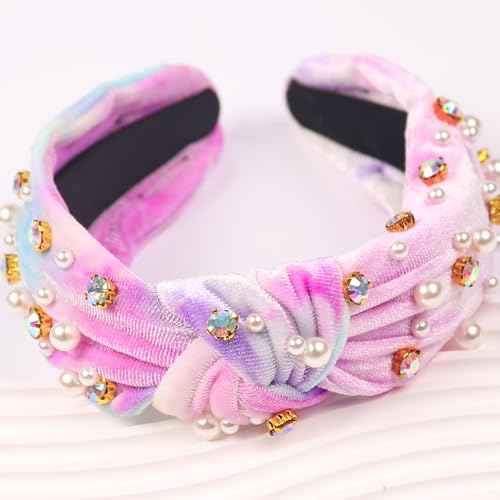 Crystal Rhinestone Headbands for Women Tie Dye Headwear Pearl Knotted Headband Diamond Velvet Purple Fabric Broad Cute Top Knot Headband Gift for Women Party Supplies 1PCS