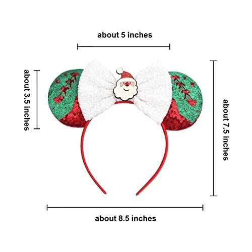 Christmas Mouse Ears Hair Band Bow Headbands Xmas Headwear, Santa Claus Hair Hoop Princess Head Bopper Cosplay Costume Tiara (Red Green White)