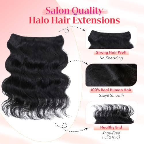 Rich Choices Halo Hair Extensions Real Human Hair Wave Wire In Hair Extensions Human Hair Clip in Human Remy Hair Halo Hair Extension Hair Piece 16 Inch Wavy-#1Jet Black