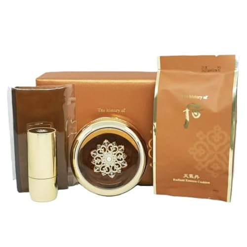 THE WHOO Radiant Essence Cushion Special Set (Main 15g + Refill 15g + Brush + Pouch) No.21 Light Beige, Intensively Hydrating for Moisturizing & Soothing skin. Made in Korea