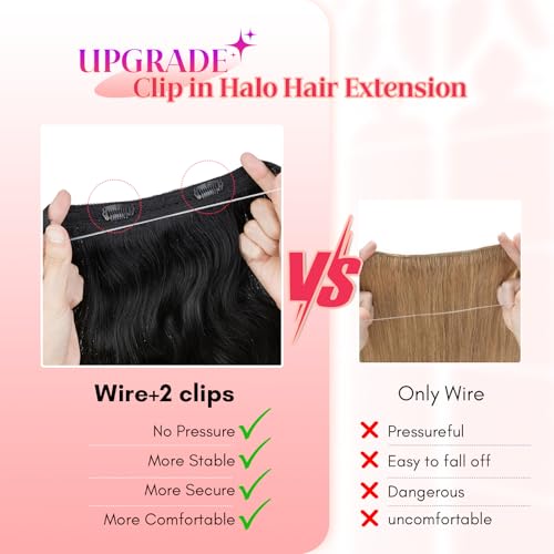 Rich Choices Halo Hair Extensions Real Human Hair Wave Wire In Hair Extensions Human Hair Clip in Human Remy Hair Halo Hair Extension Hair Piece 16 Inch Wavy-#1Jet Black