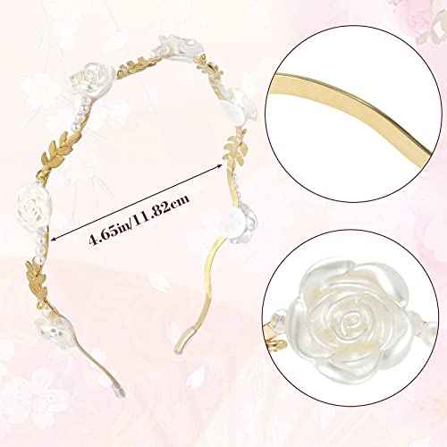 OIIKI 2Pcs Rose Hairband for Women, Metal Gold White Flower Floral Headbands, Pearl Hair Band Headpiece Hair Jewelry Accessories for Women Bride Valentine Wedding Engagement Birthday Christmas