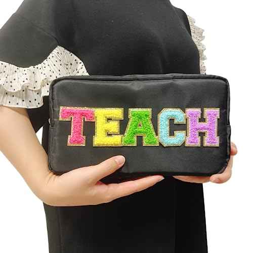 Teacher Appreciation Gifts Letter Patch Nylon Makeup Bag Pencil Bag Chenille Varsity Letter Patches Makeup Zipper Pouch Retirement Birthday Teacher Gifts for Women(Teach-black)