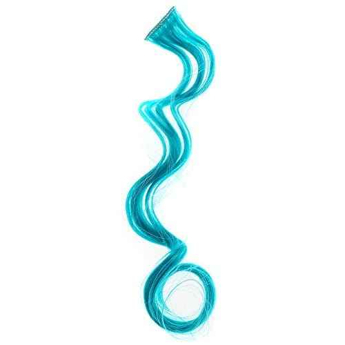 SWACC 12 Pcs Curly Wavy One Color Party Highlights Clip on in Hair Extensions Colored Hair Streak Synthetic Hairpieces (Teal Blue)