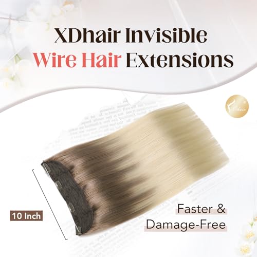 XDhair Wire Hair Extensions Human Hair 70g 16 Inch Ombre Light Brown to Ash Blonde Fish Wire Hair Extensions Invisible Straight 16 Inch #8T60