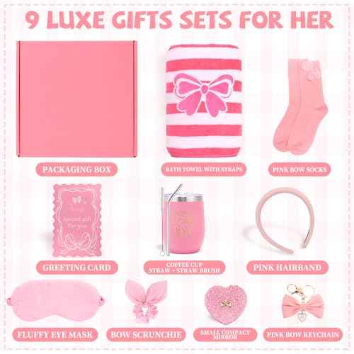 Birthday Gifts for Women Friendship Unique - Pink Bow Birthday Gifts for Teen Girls - Self Care Get Well Soon Presents Basket for Mom Sister Friend Bestie Wife Her Girlfriend Coworkers