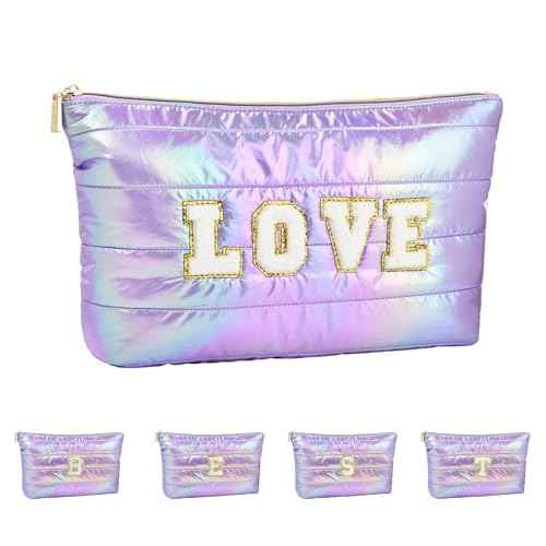 ARISTOTE Personalized Initial Quilted Makeup Bag, Large Cute Cosmetic Bag, Cotton Iridescent Travel Toiletry Organizer Bags, Gifts for Girl Girlfriend Teen Girls Gift Trendy Stuff (LOVE, purple)