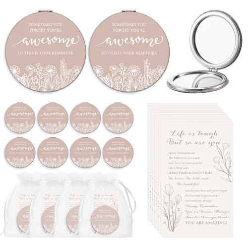 Wildflower Inspirational Gifts for Women Bulk Motivational Compact Mirror Makeup Purse Double Sided Folding Mirror Inspirational Gift Cards with Bag for Women(24 Set)