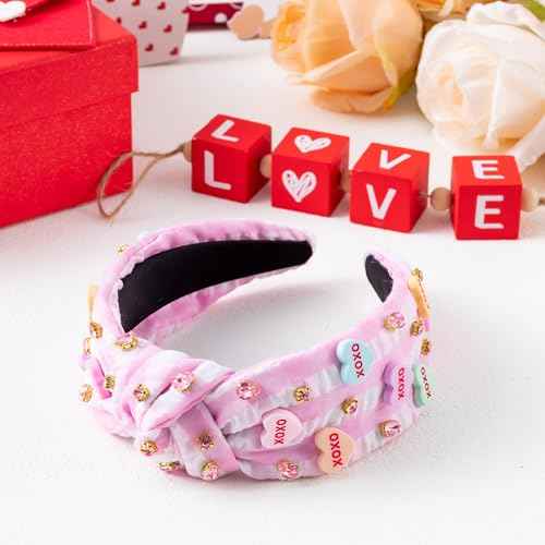 PANTIDE Conversation Heart Jeweled Knotted Headband - XOXO Love Candy Rhinestone Embellished Headband Wide Top Knot Fashion Hair Accessories Mother's Day Birthday Gift for Women Lover (Pink Plaid)