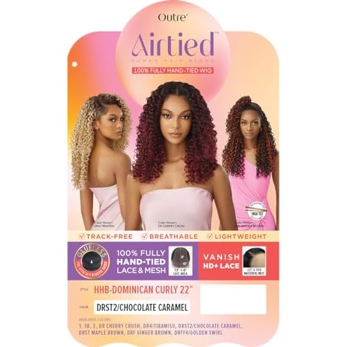 Outre Airtied 100% Fully Hand-Tied Wig - Human Hair Blend - Dominican Curly 22" (DRST MAPLE BROWN)